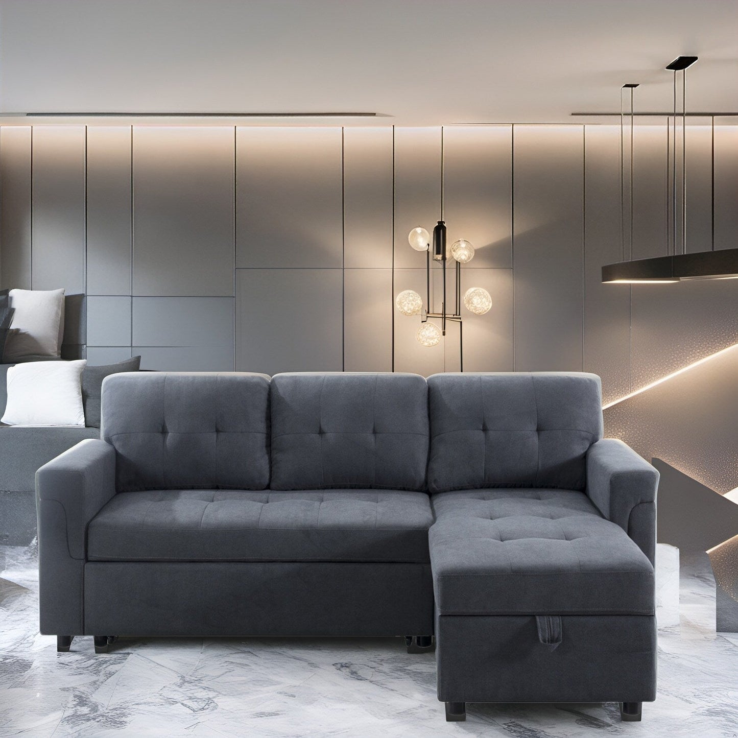 Divano componibile reversibile con letto estraibile, chaise longue con vano portaoggetti, gambe resistenti,