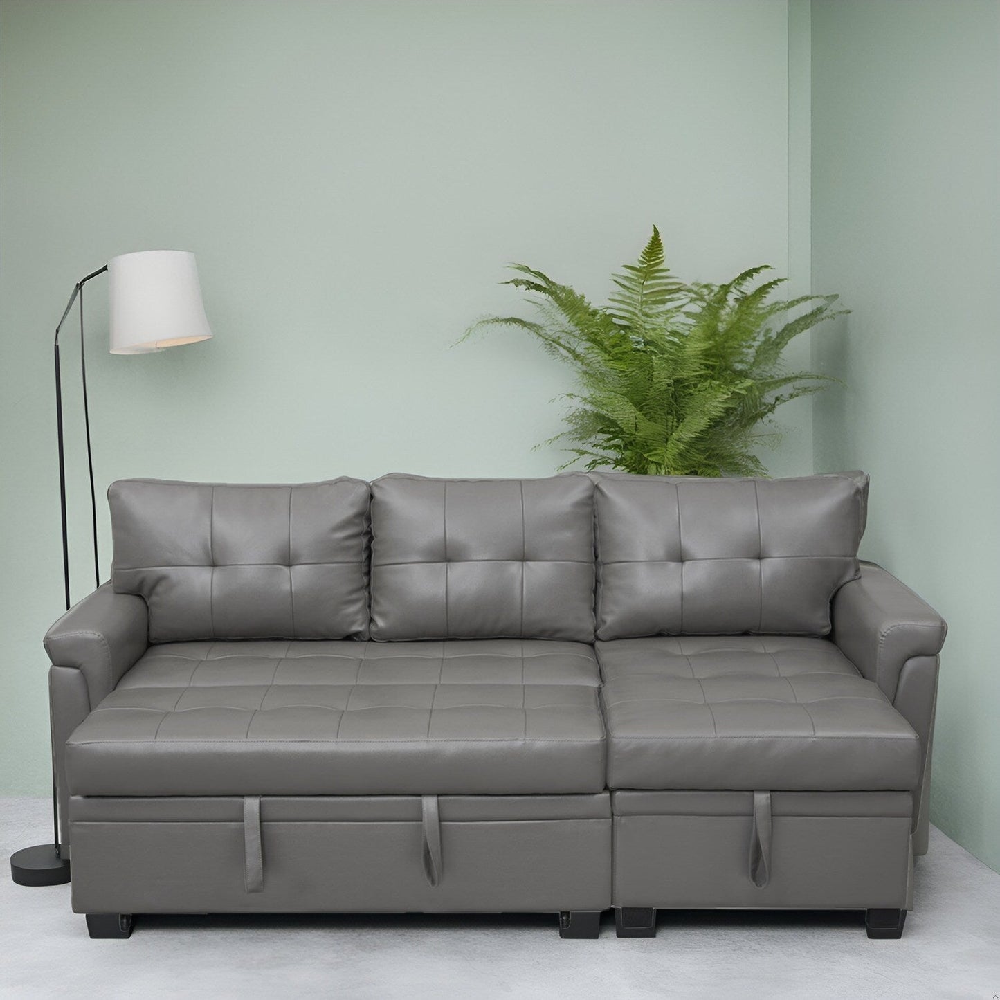 Divano componibile reversibile con letto estraibile, chaise longue con vano portaoggetti, gambe resistenti,