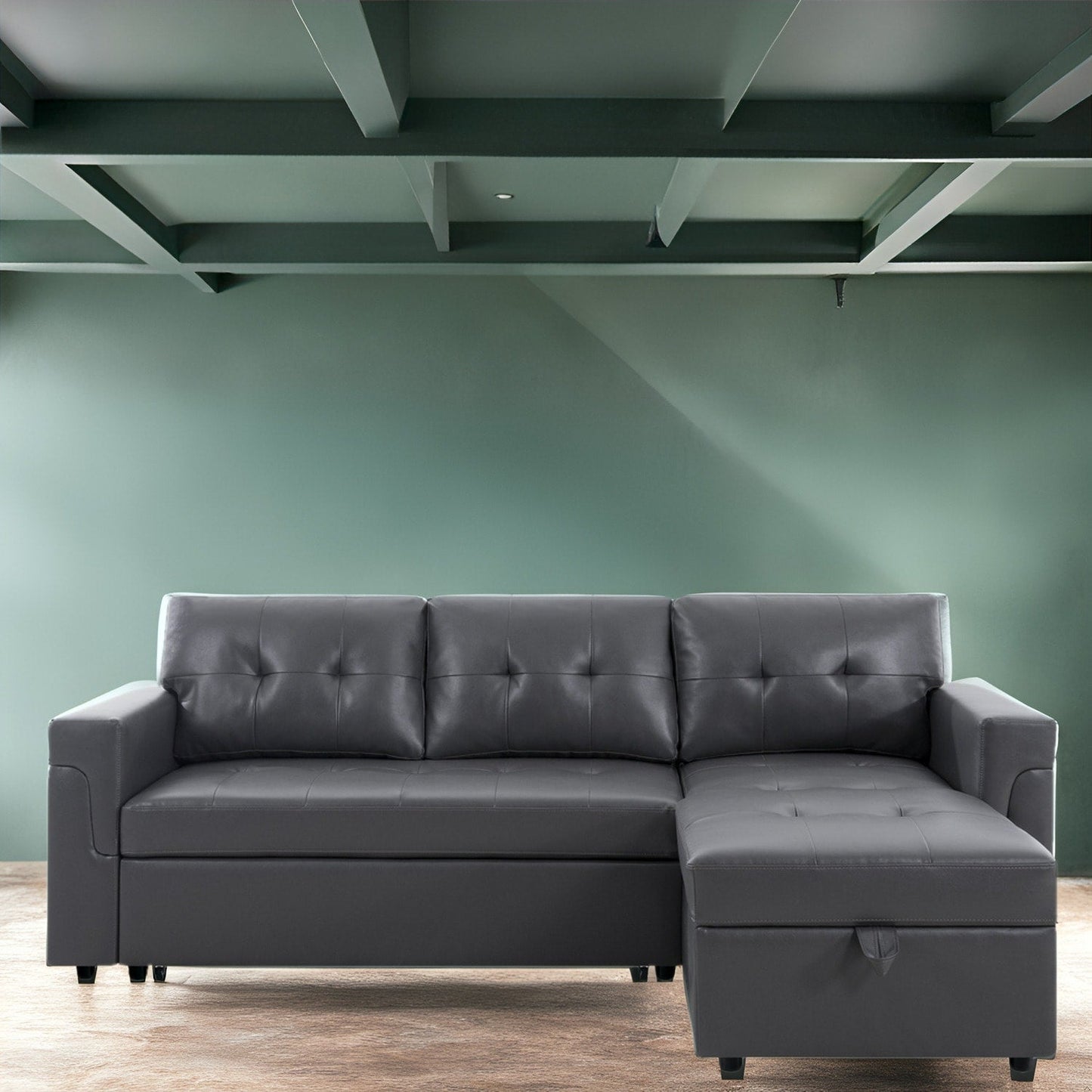 Divano componibile reversibile con letto estraibile, chaise longue con vano portaoggetti, gambe resistenti,