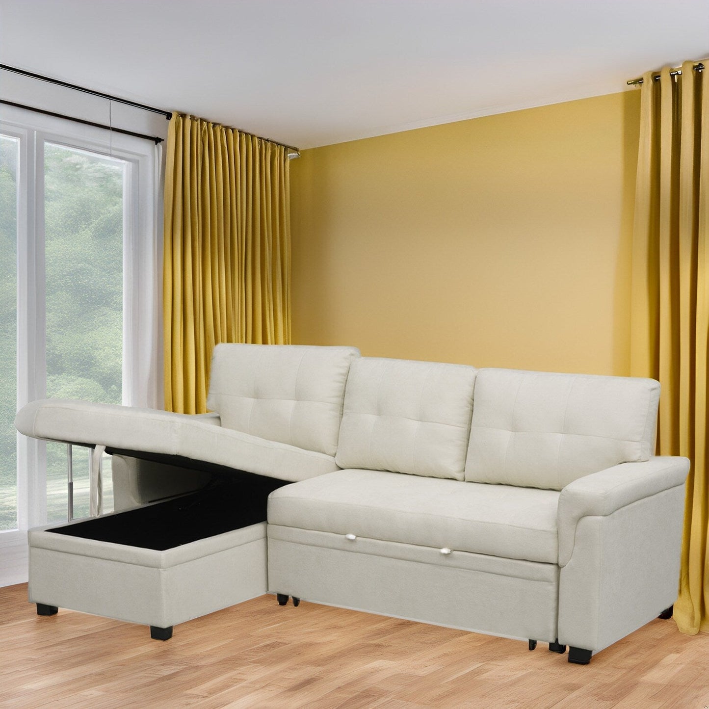 Divano componibile reversibile con letto estraibile, chaise longue con vano portaoggetti, gambe resistenti,