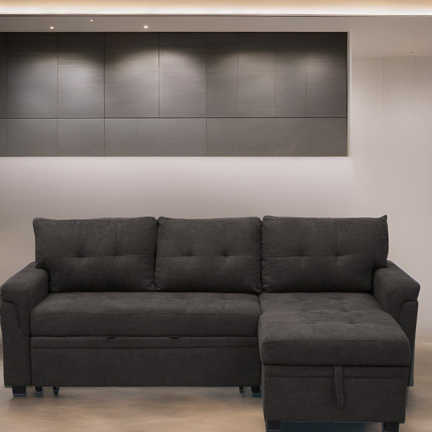 Divano componibile reversibile con letto estraibile, chaise longue con vano portaoggetti, gambe resistenti,