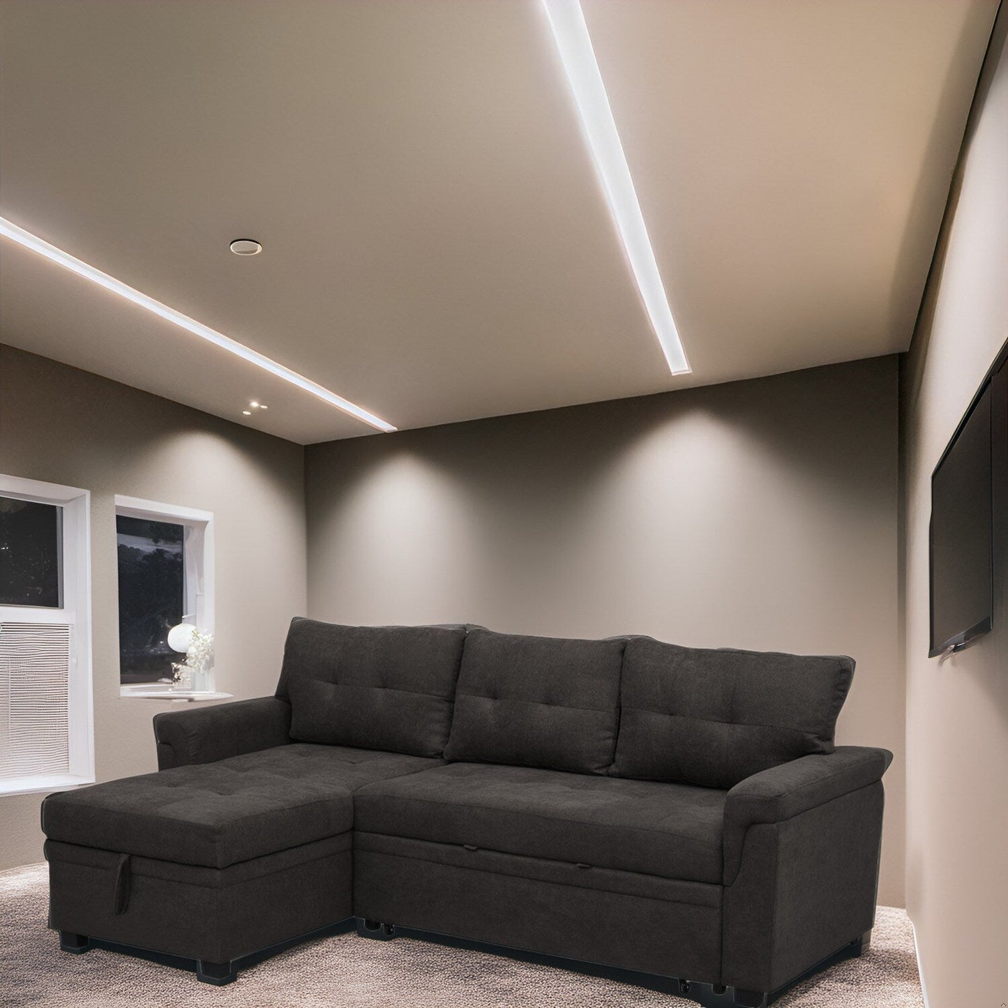 Divano componibile reversibile con letto estraibile, chaise longue con vano portaoggetti, gambe resistenti,