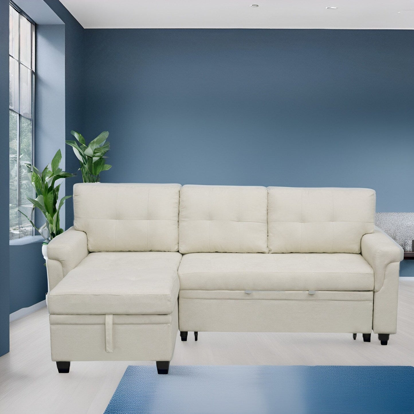 Divano componibile reversibile con letto estraibile, chaise longue con vano portaoggetti, gambe resistenti,