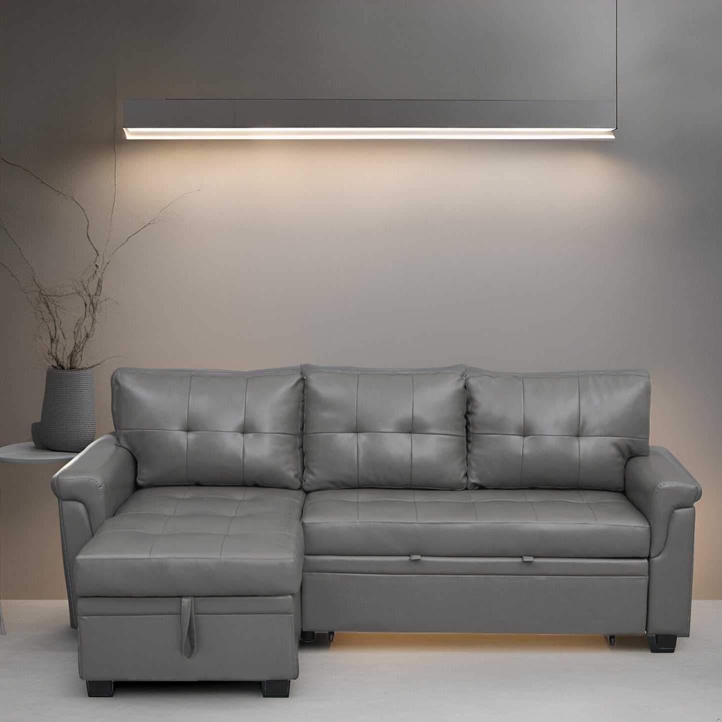 Divano componibile reversibile con letto estraibile, chaise longue con vano portaoggetti, gambe resistenti,