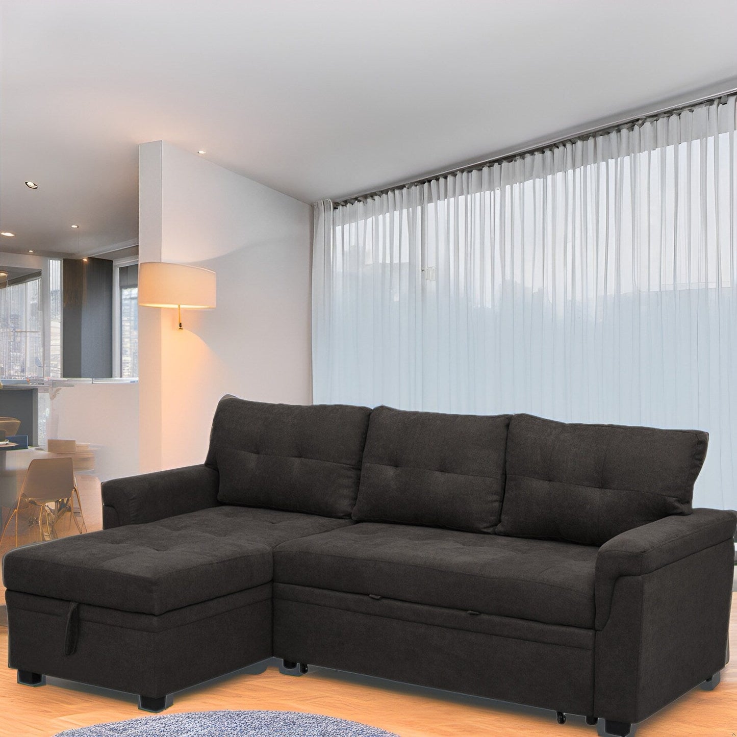 Divano componibile reversibile con letto estraibile, chaise longue con vano portaoggetti, gambe resistenti,