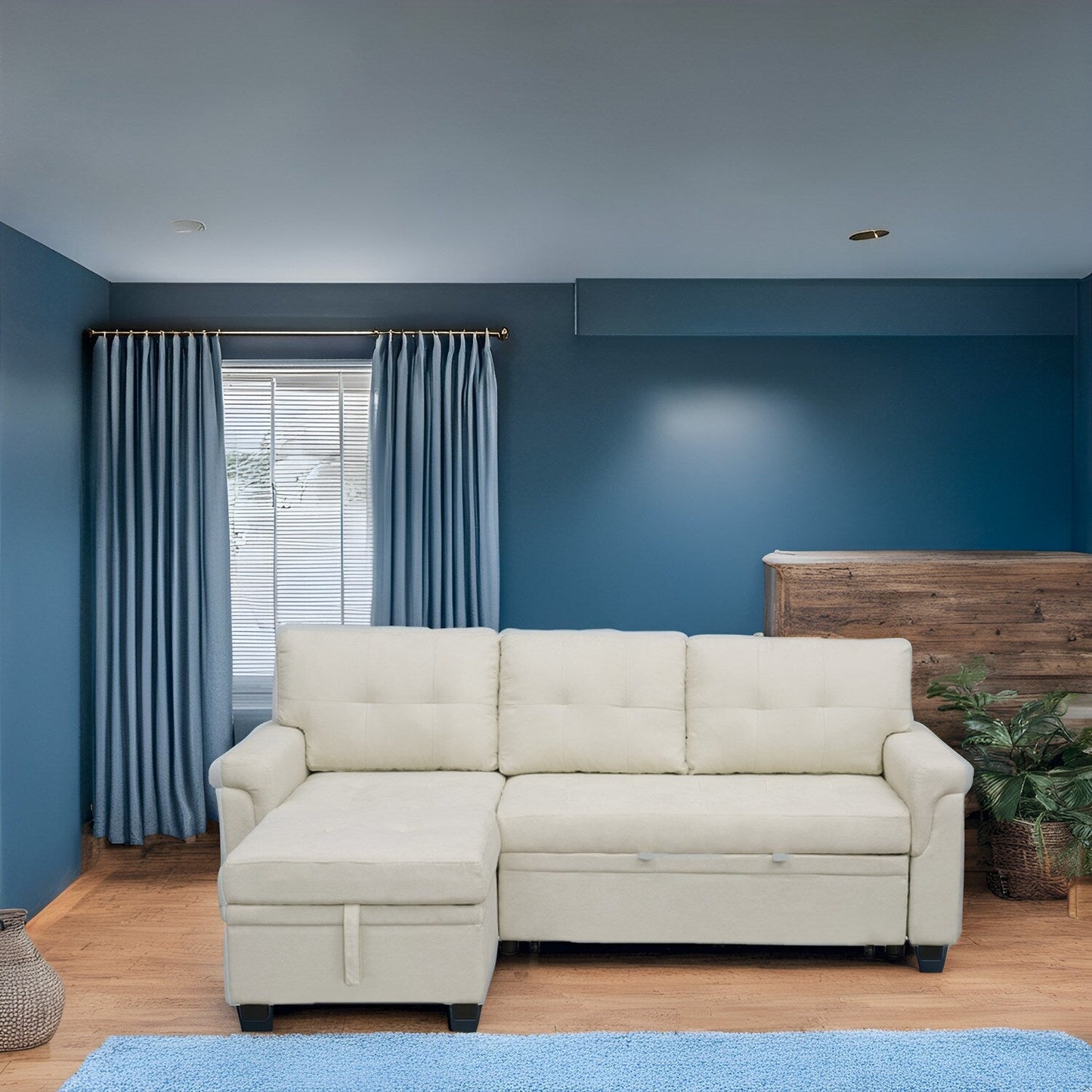 Divano componibile reversibile con letto estraibile, chaise longue con vano portaoggetti, gambe resistenti,