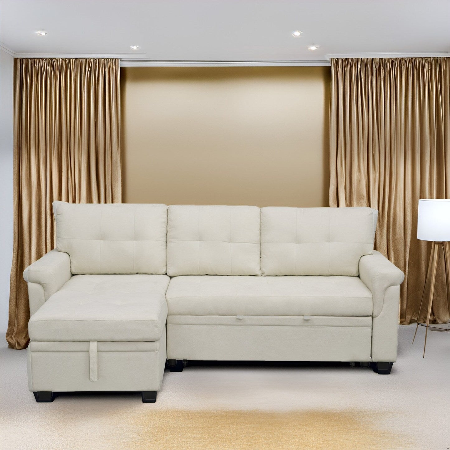 Divano componibile reversibile con letto estraibile, chaise longue con vano portaoggetti, gambe resistenti,