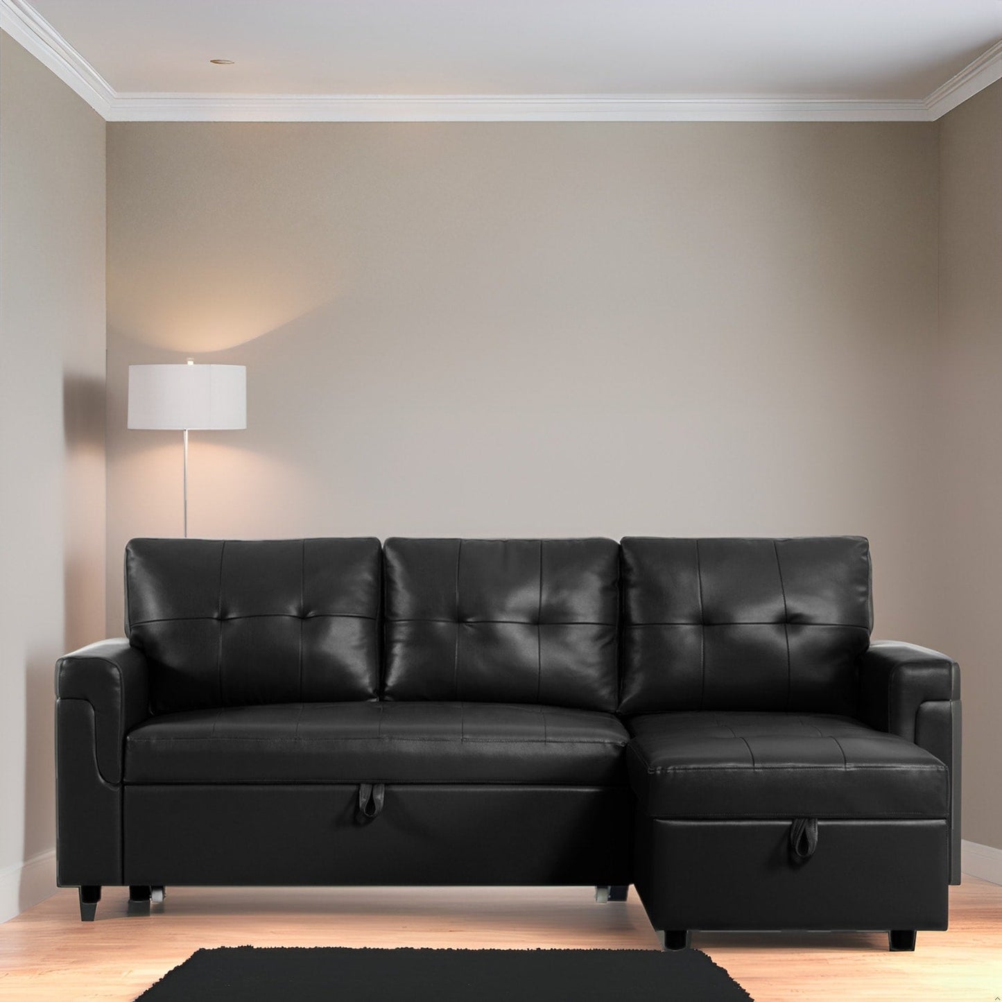 Divano componibile reversibile con letto estraibile, chaise longue con vano portaoggetti, gambe resistenti,