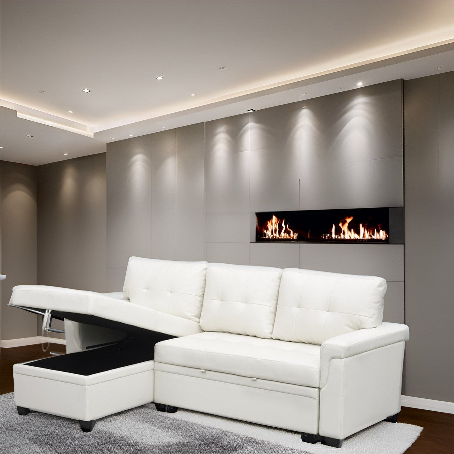 Divano componibile reversibile con letto estraibile, chaise longue con vano portaoggetti, gambe resistenti,