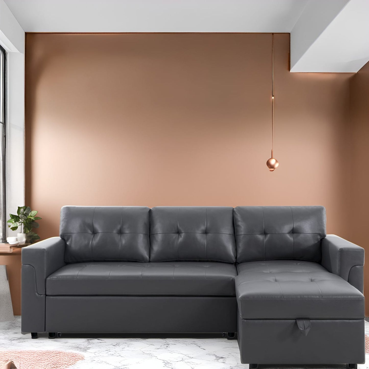 Divano componibile reversibile con letto estraibile, chaise longue con vano portaoggetti, gambe resistenti,