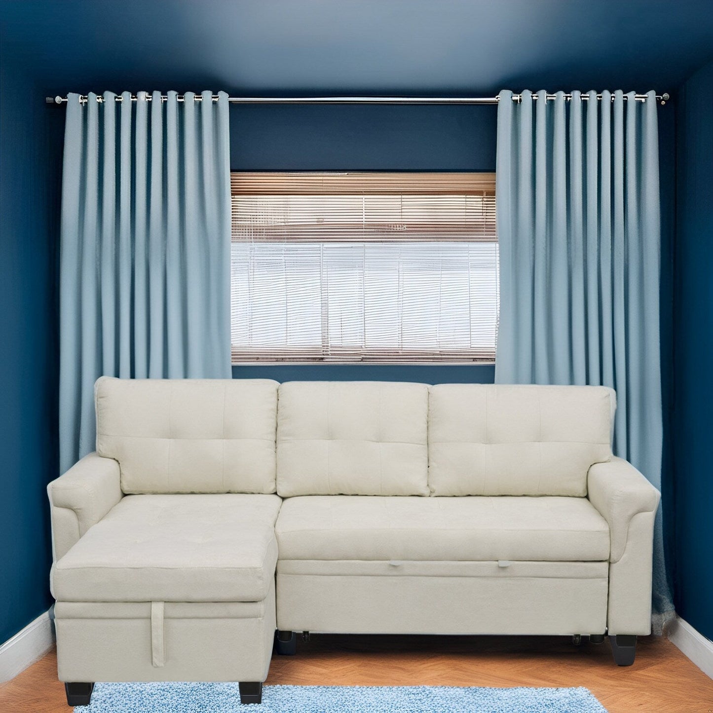 Divano componibile reversibile con letto estraibile, chaise longue con vano portaoggetti, gambe resistenti,