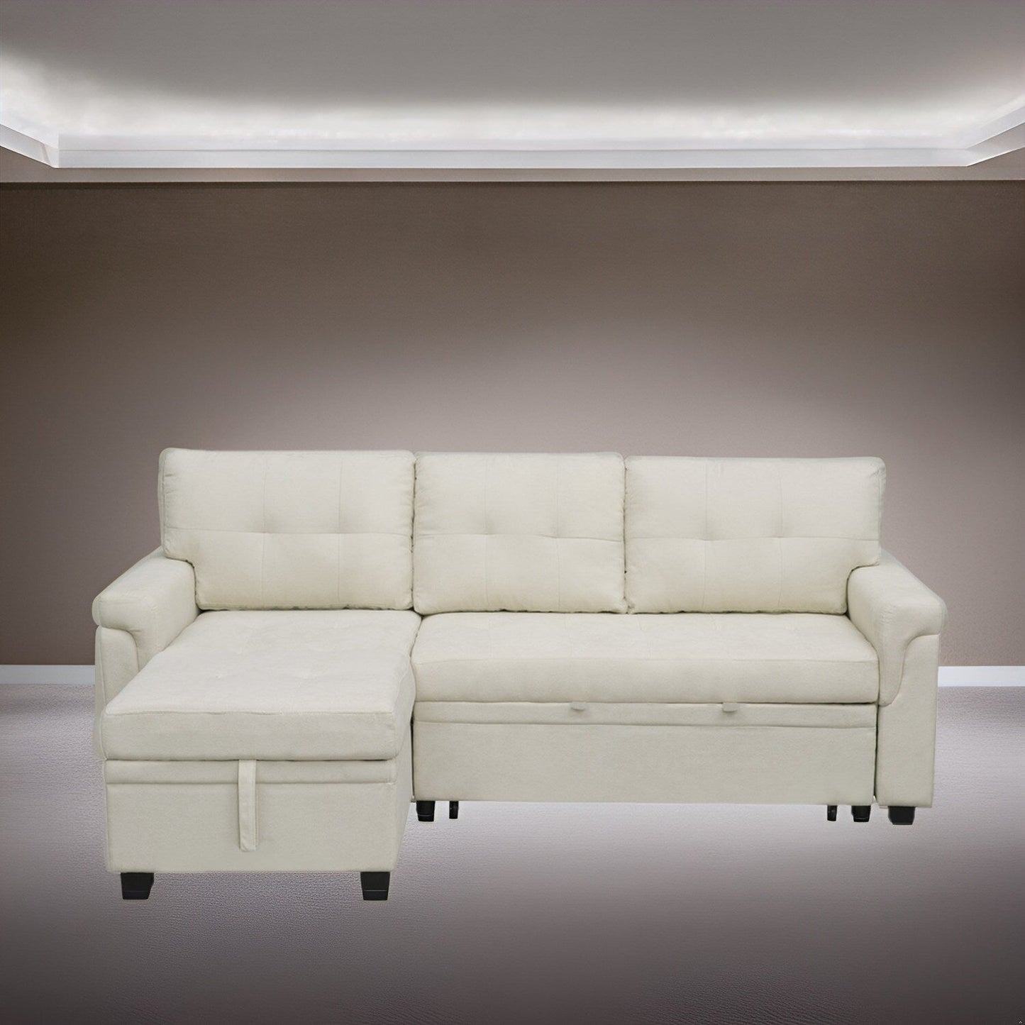 Divano componibile reversibile con letto estraibile, chaise longue con vano portaoggetti, gambe resistenti,