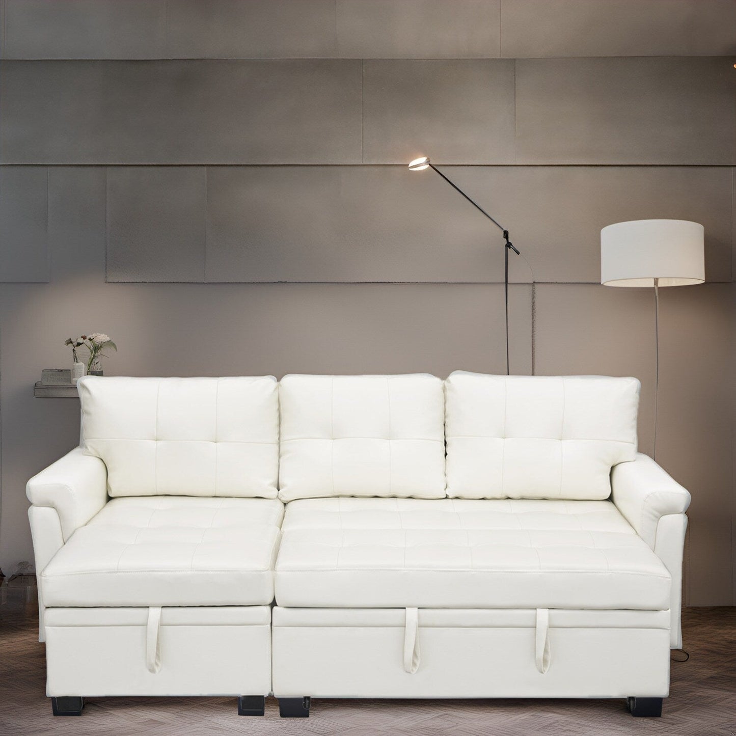 Divano componibile reversibile con letto estraibile, chaise longue con vano portaoggetti, gambe resistenti,