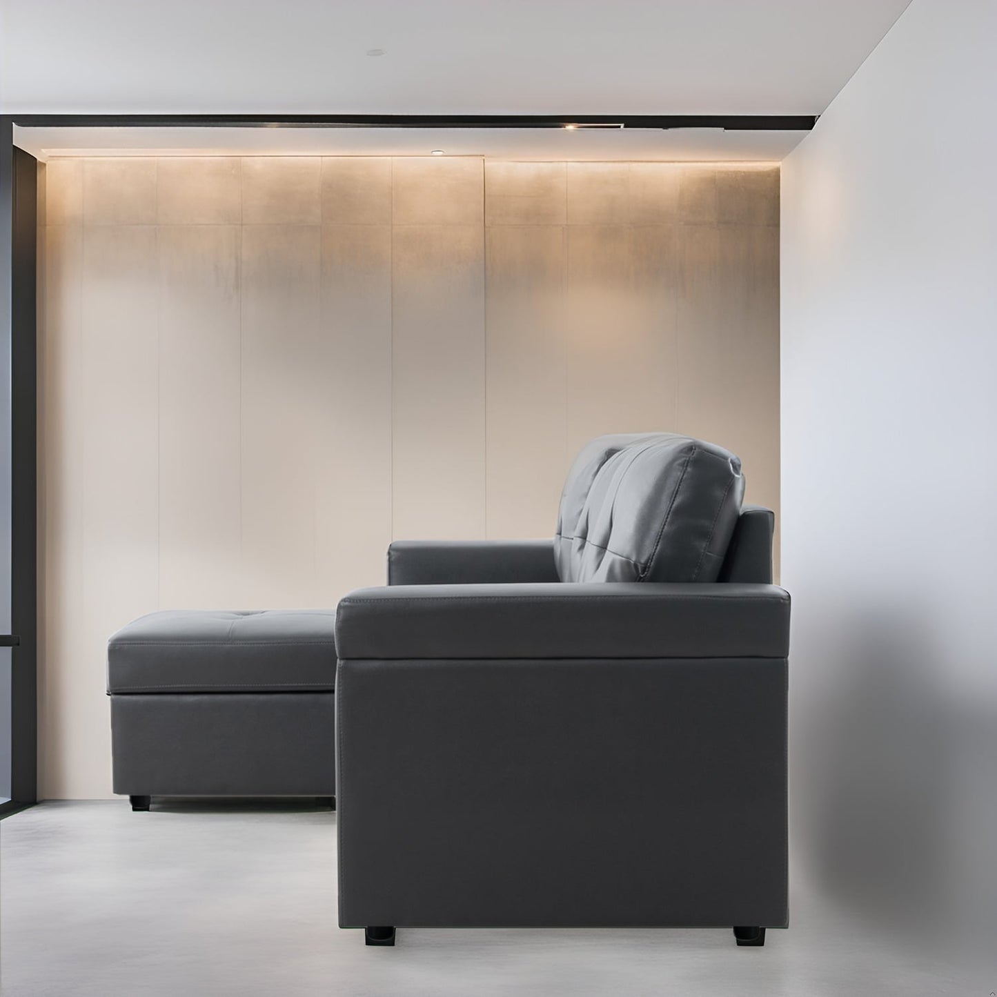 Divano componibile reversibile con letto estraibile, chaise longue con vano portaoggetti, gambe resistenti,