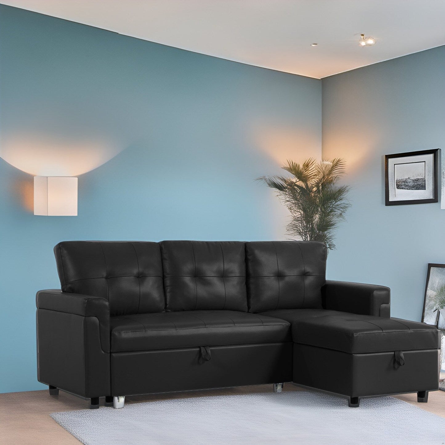 Divano componibile reversibile con letto estraibile, chaise longue con vano portaoggetti, gambe resistenti,