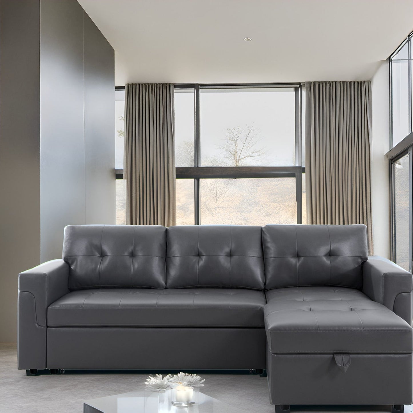 Divano componibile reversibile con letto estraibile, chaise longue con vano portaoggetti, gambe resistenti,