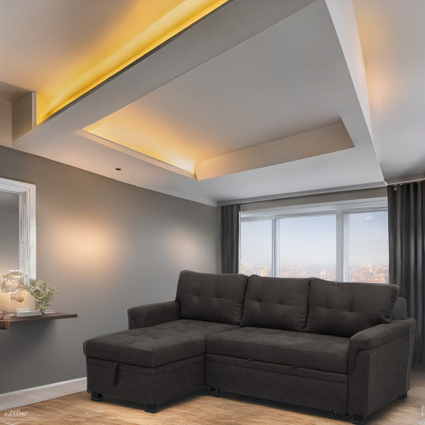 Divano componibile reversibile con letto estraibile, chaise longue con vano portaoggetti, gambe resistenti,