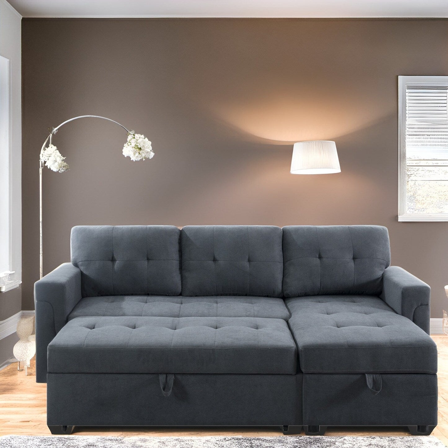 Divano componibile reversibile con letto estraibile, chaise longue con vano portaoggetti, gambe resistenti,