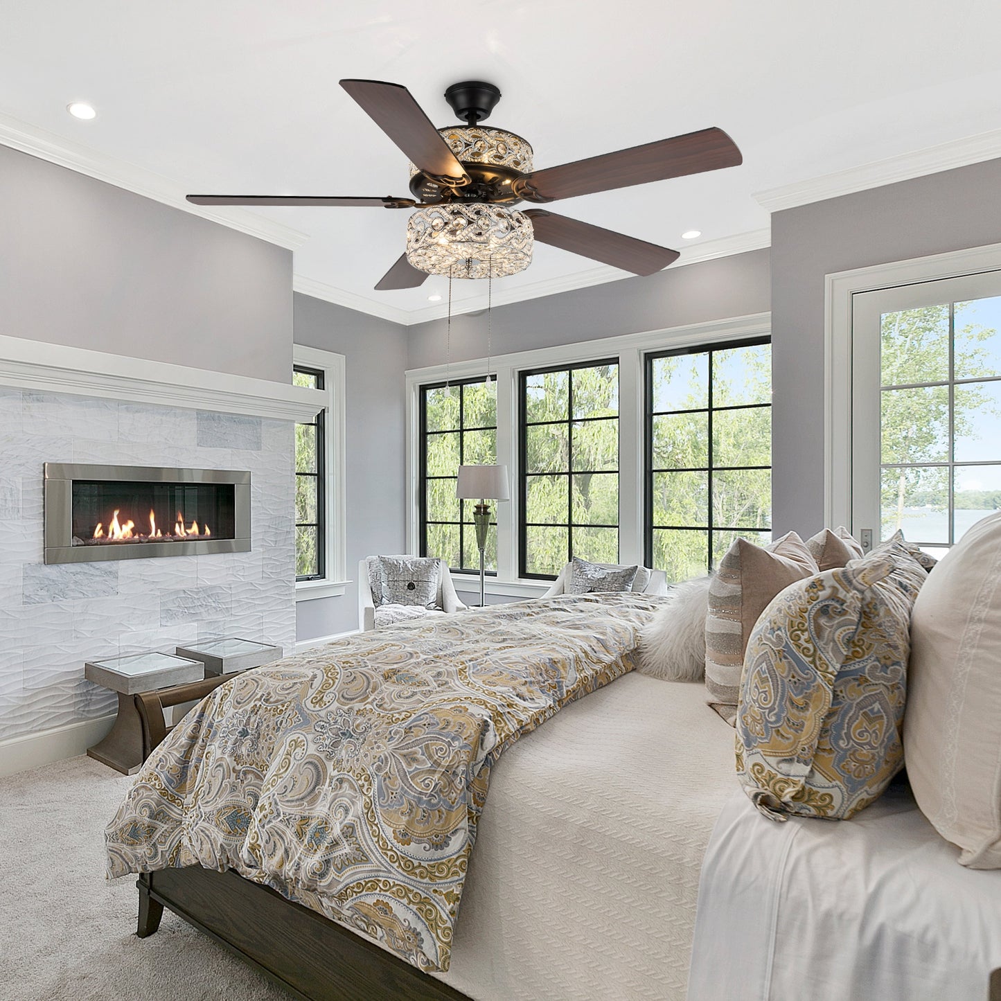 Ventilatore da soffitto a LED River of Goods Olivia con finitura in bronzo oliato/cristallo, 52 pollici - 52L x 52W x 18.25H - 52L x 52W x 18.25H