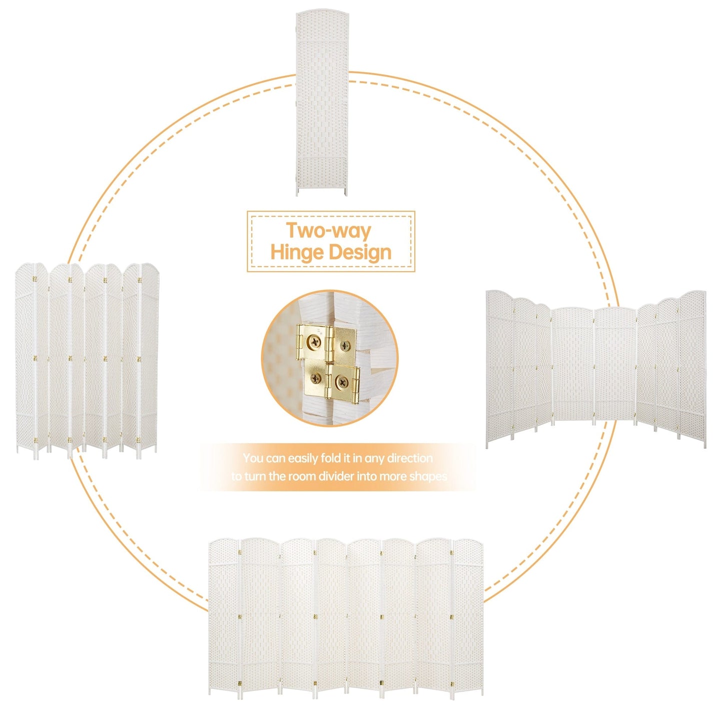 Paravento divisorio per ambienti, alto 180 cm, in fibra intrecciata, a pannelli pieghevoli, autoportante.
