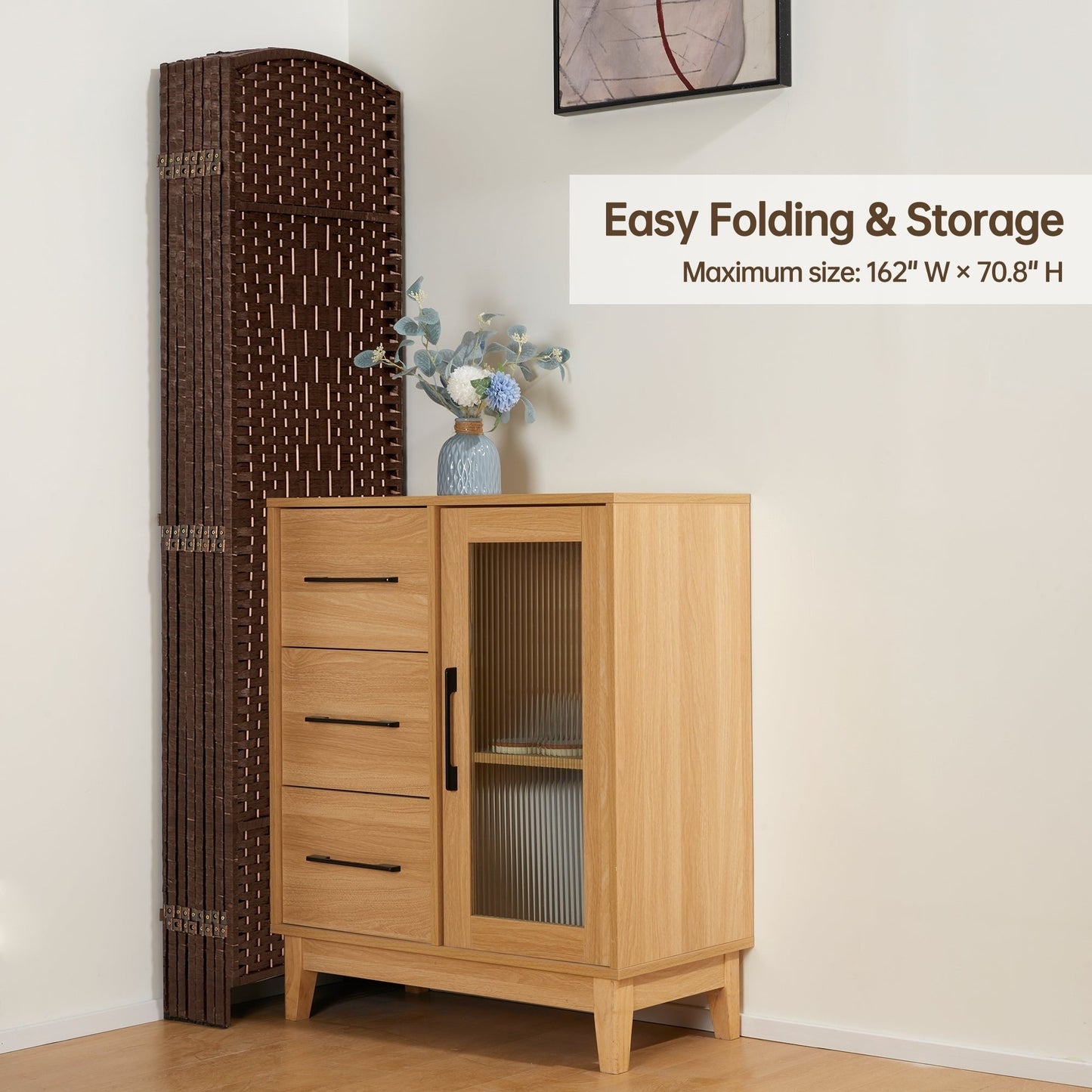 Paravento divisorio per ambienti, alto 180 cm, in fibra intrecciata, a pannelli pieghevoli, autoportante.