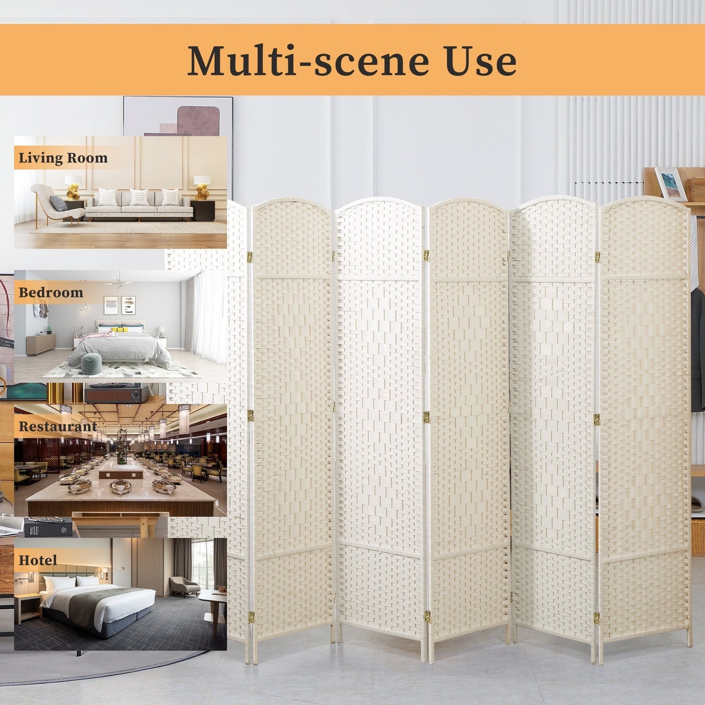 Paravento divisorio per ambienti, alto 180 cm, in fibra intrecciata, a pannelli pieghevoli, autoportante.