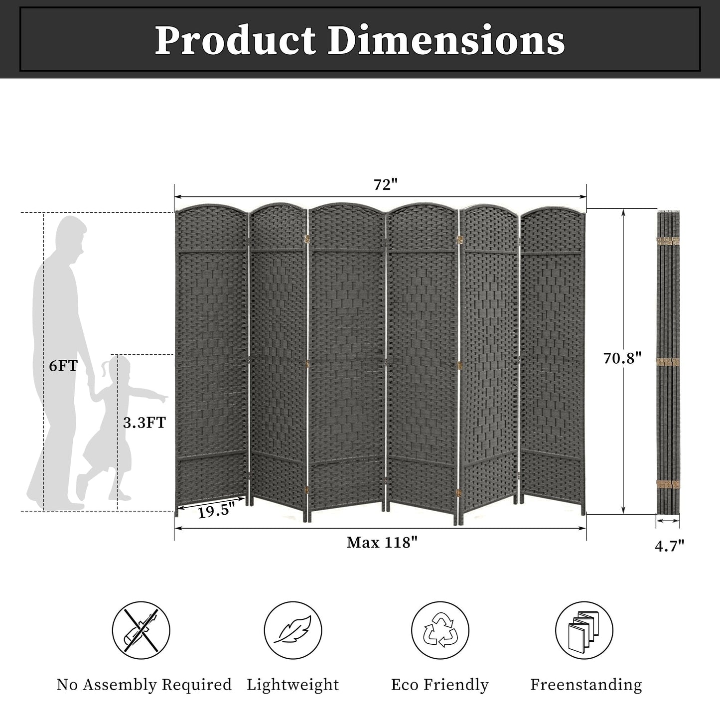 Paravento divisorio per ambienti, alto 180 cm, in fibra intrecciata, a pannelli pieghevoli, autoportante.