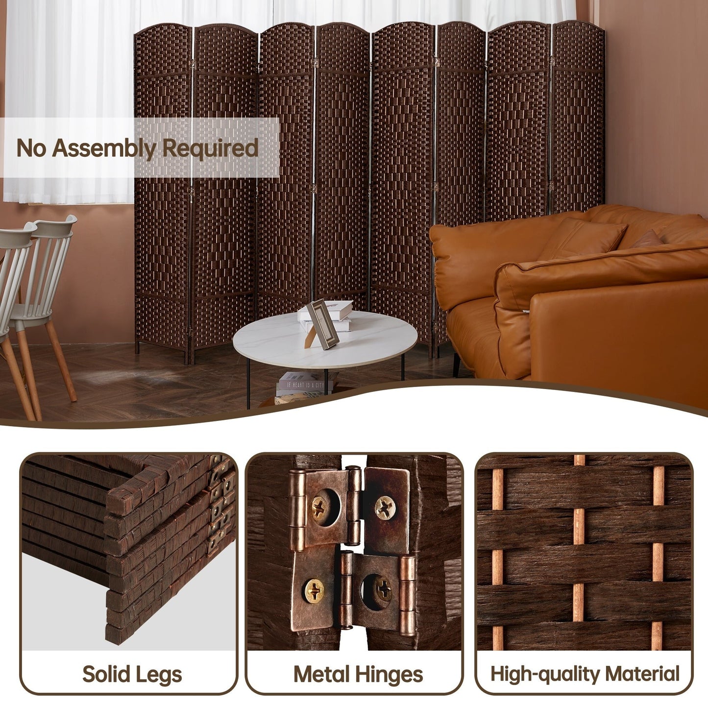 Paravento divisorio per ambienti, alto 180 cm, in fibra intrecciata, a pannelli pieghevoli, autoportante.