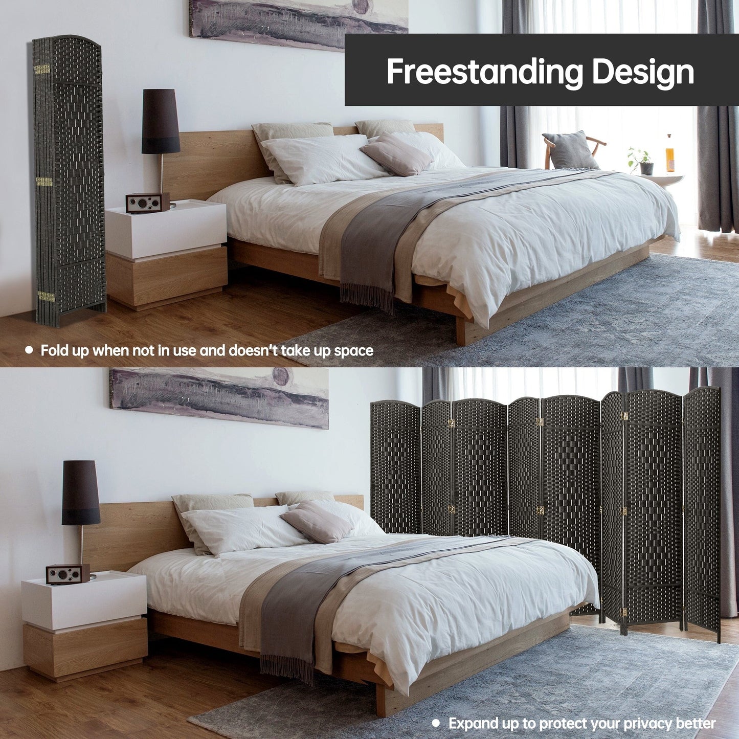 Paravento divisorio per ambienti, alto 180 cm, in fibra intrecciata, a pannelli pieghevoli, autoportante.