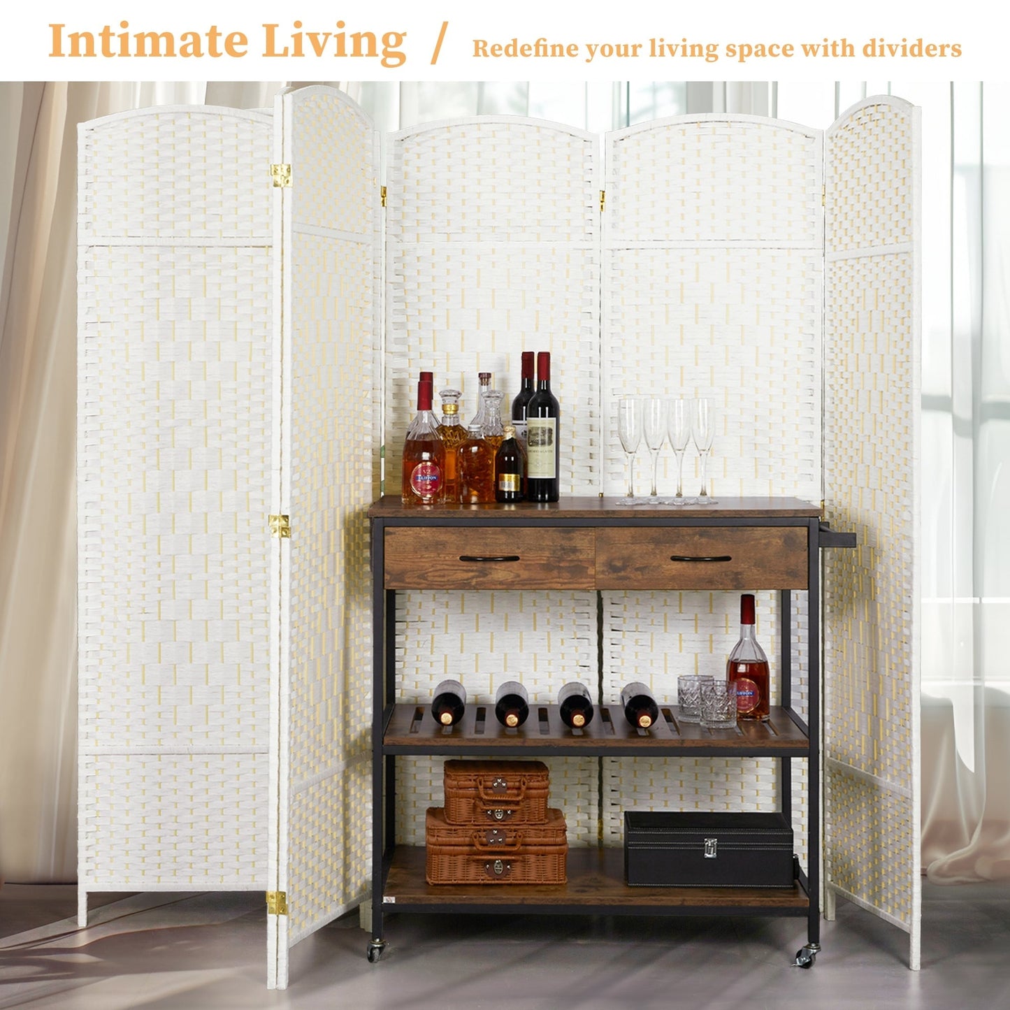 Paravento divisorio per ambienti, alto 180 cm, in fibra intrecciata, a pannelli pieghevoli, autoportante.