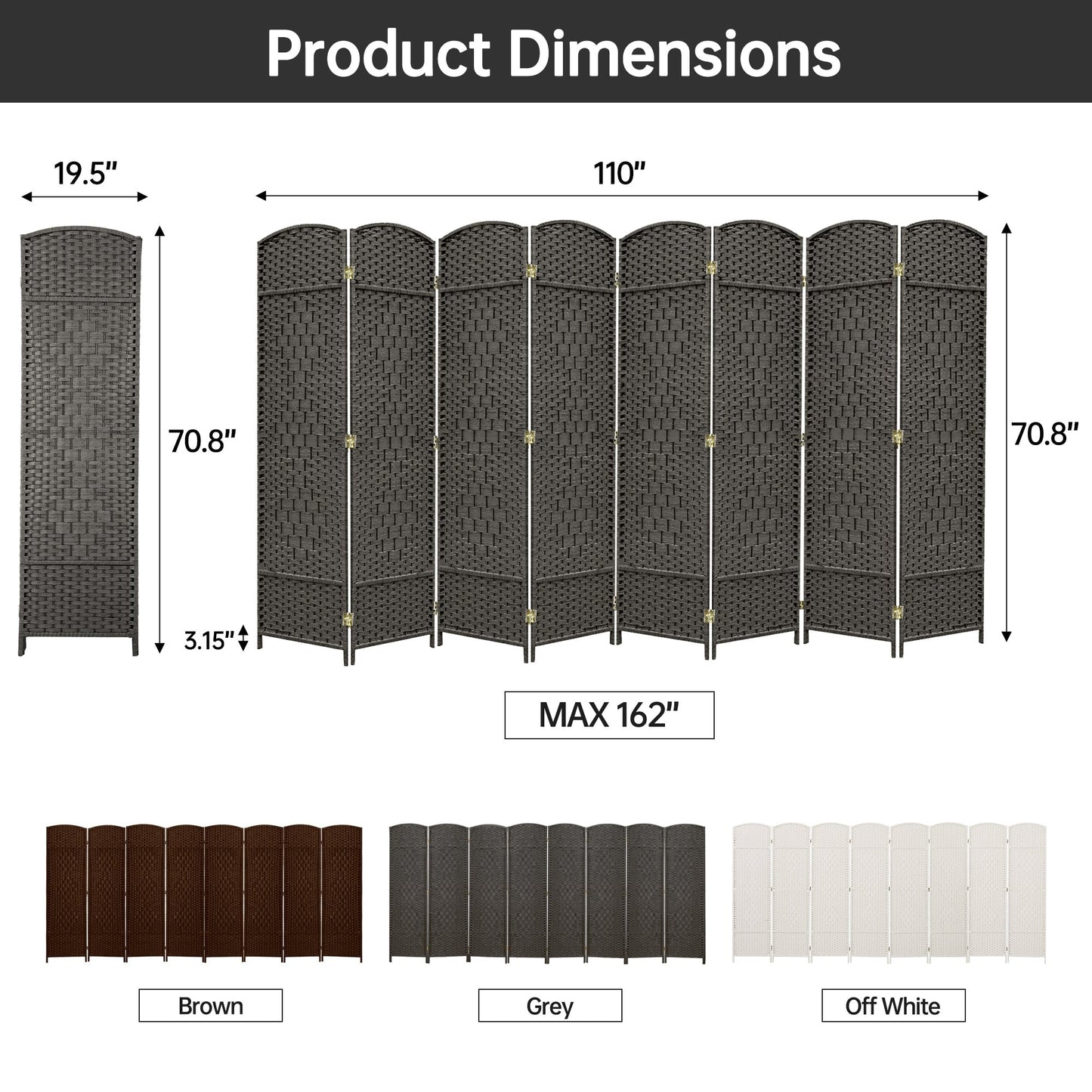 Paravento divisorio per ambienti, alto 180 cm, in fibra intrecciata, a pannelli pieghevoli, autoportante.