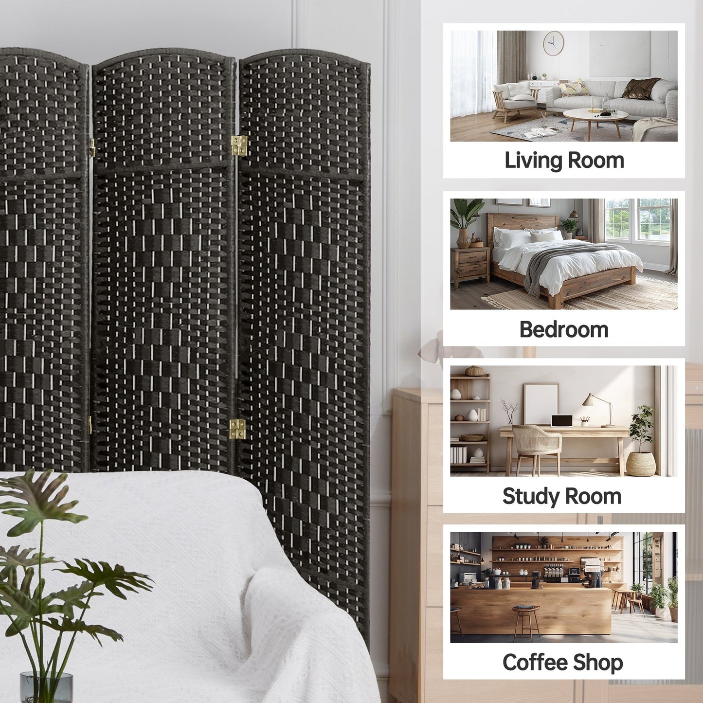 Paravento divisorio per ambienti, alto 180 cm, in fibra intrecciata, a pannelli pieghevoli, autoportante.