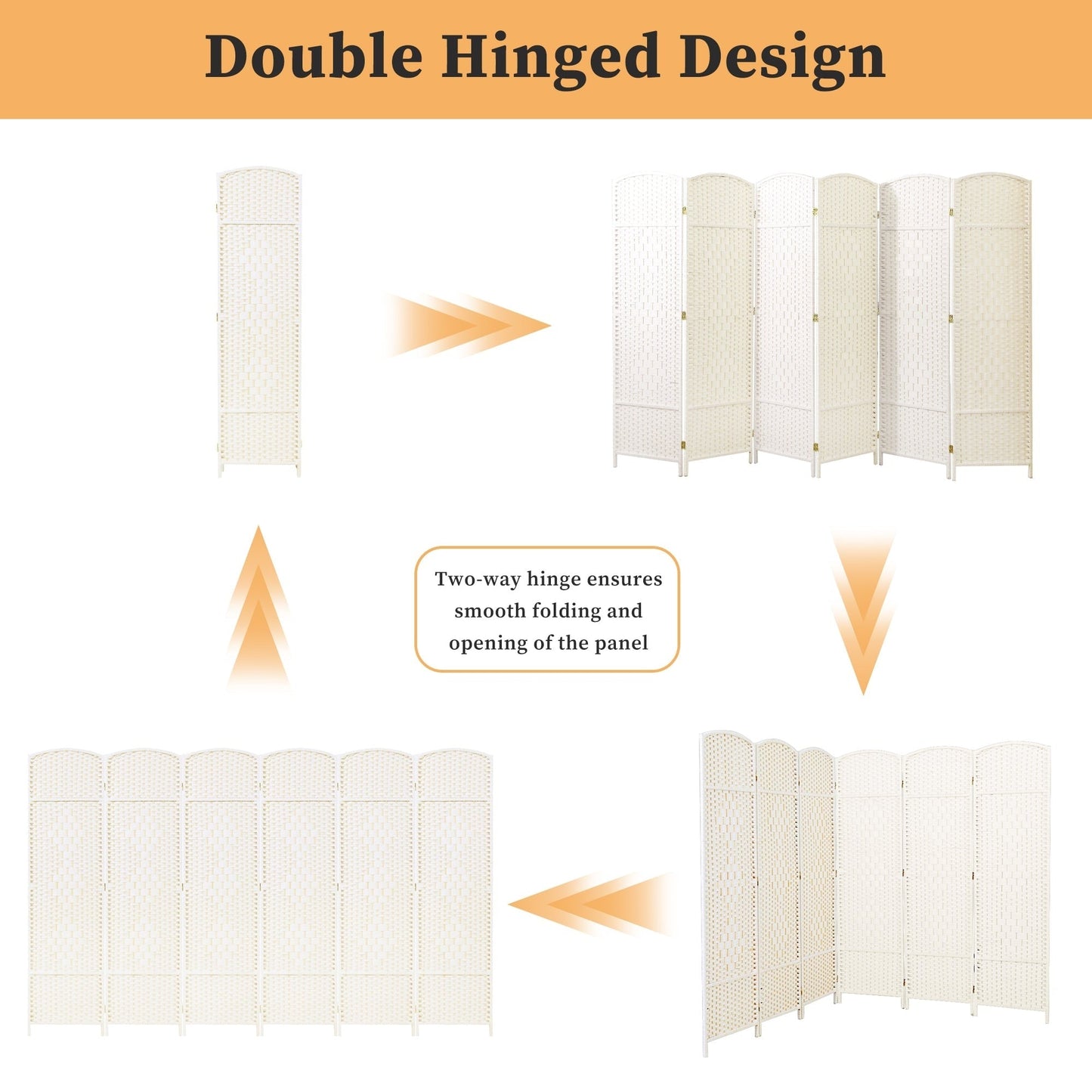 Paravento divisorio per ambienti, alto 180 cm, in fibra intrecciata, a pannelli pieghevoli, autoportante.