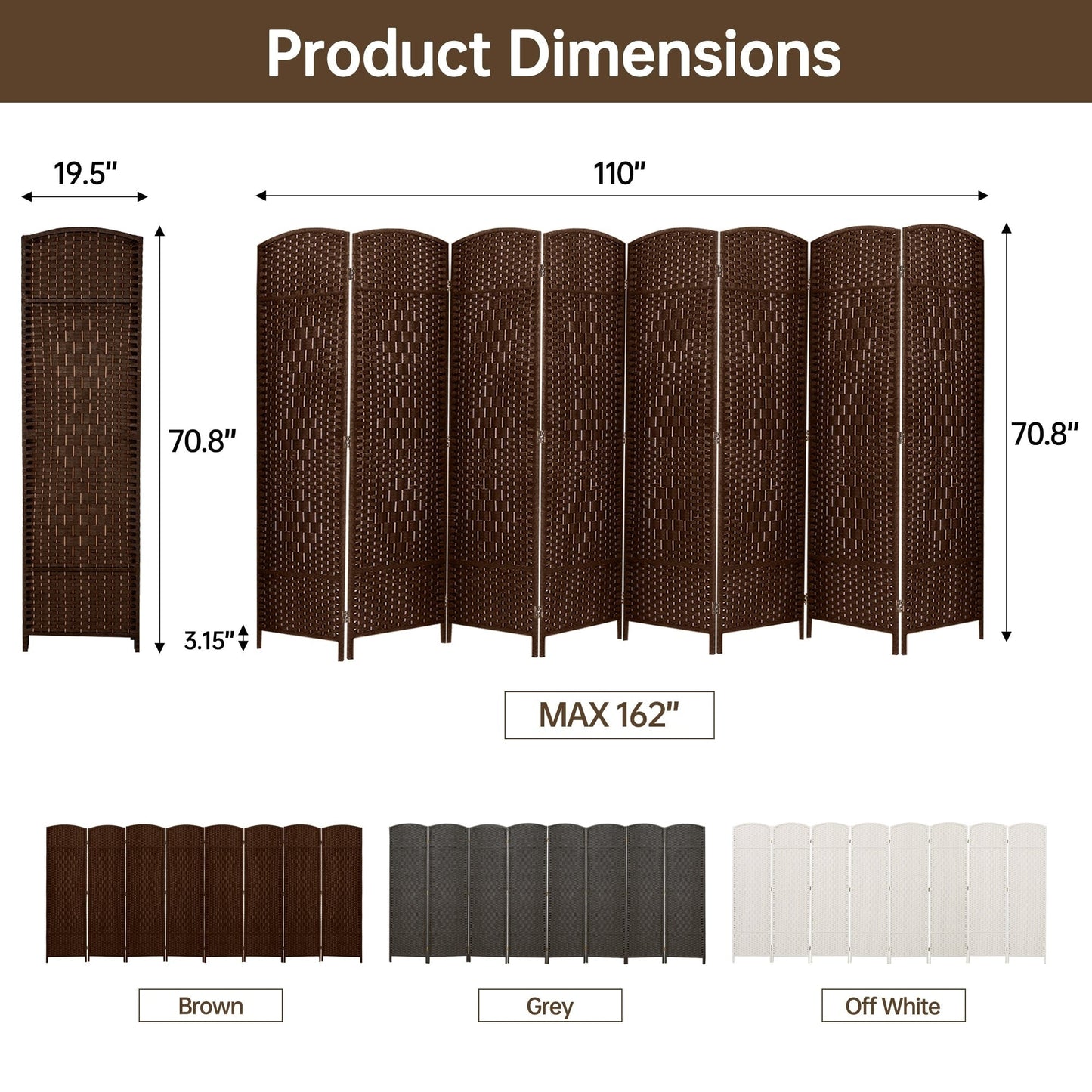 Paravento divisorio per ambienti, alto 180 cm, in fibra intrecciata, a pannelli pieghevoli, autoportante.