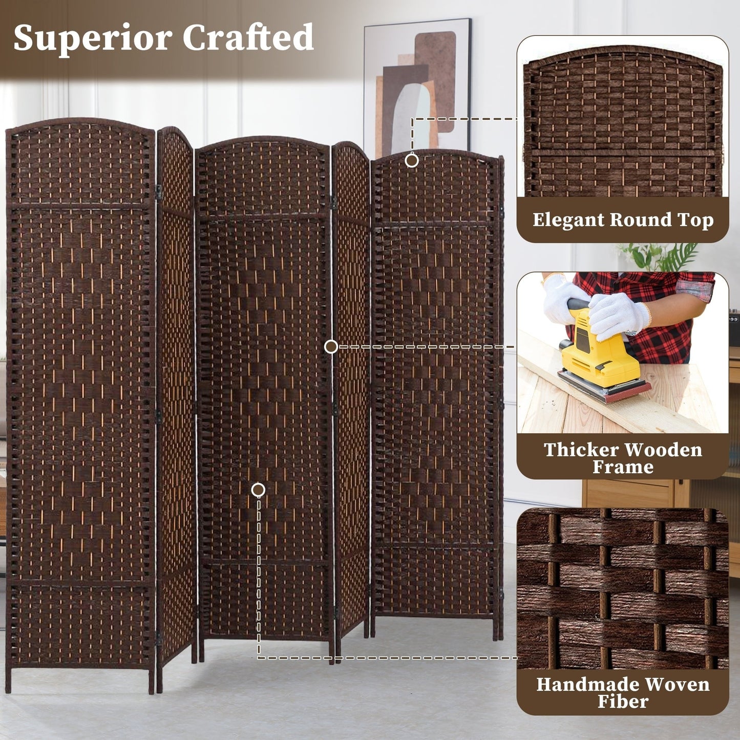 Paravento divisorio per ambienti, alto 180 cm, in fibra intrecciata, a pannelli pieghevoli, autoportante.