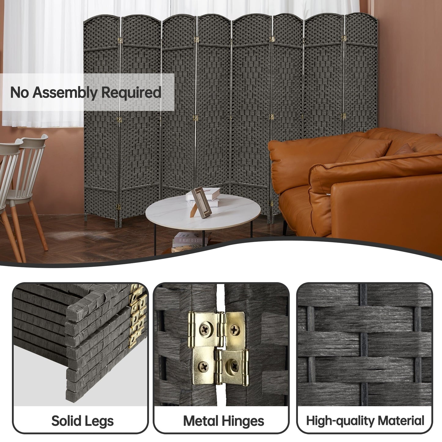 Paravento divisorio per ambienti, alto 180 cm, in fibra intrecciata, a pannelli pieghevoli, autoportante.