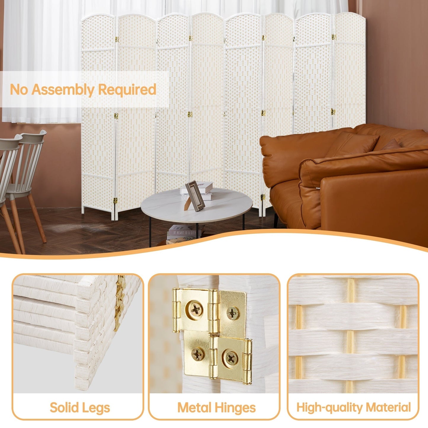 Paravento divisorio per ambienti, alto 180 cm, in fibra intrecciata, a pannelli pieghevoli, autoportante.