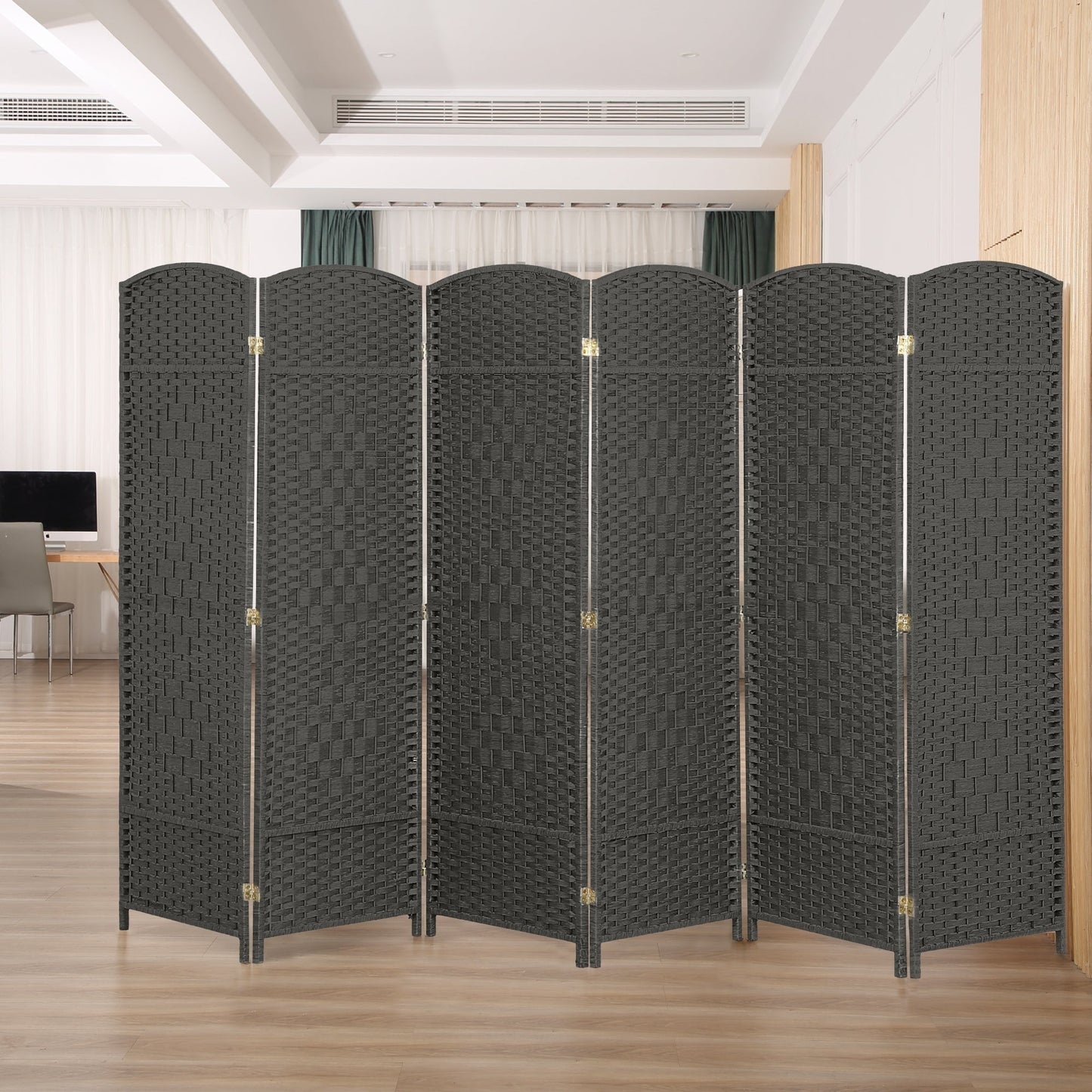 Paravento divisorio per ambienti, alto 180 cm, in fibra intrecciata, a pannelli pieghevoli, autoportante.