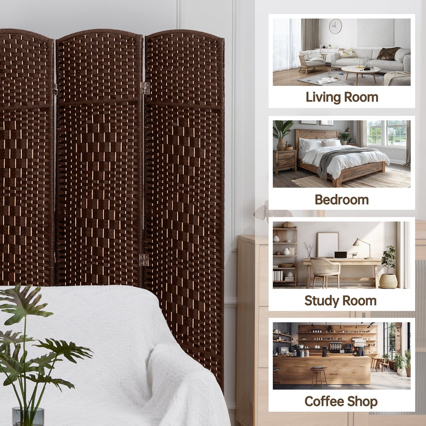 Paravento divisorio per ambienti, alto 180 cm, in fibra intrecciata, a pannelli pieghevoli, autoportante.