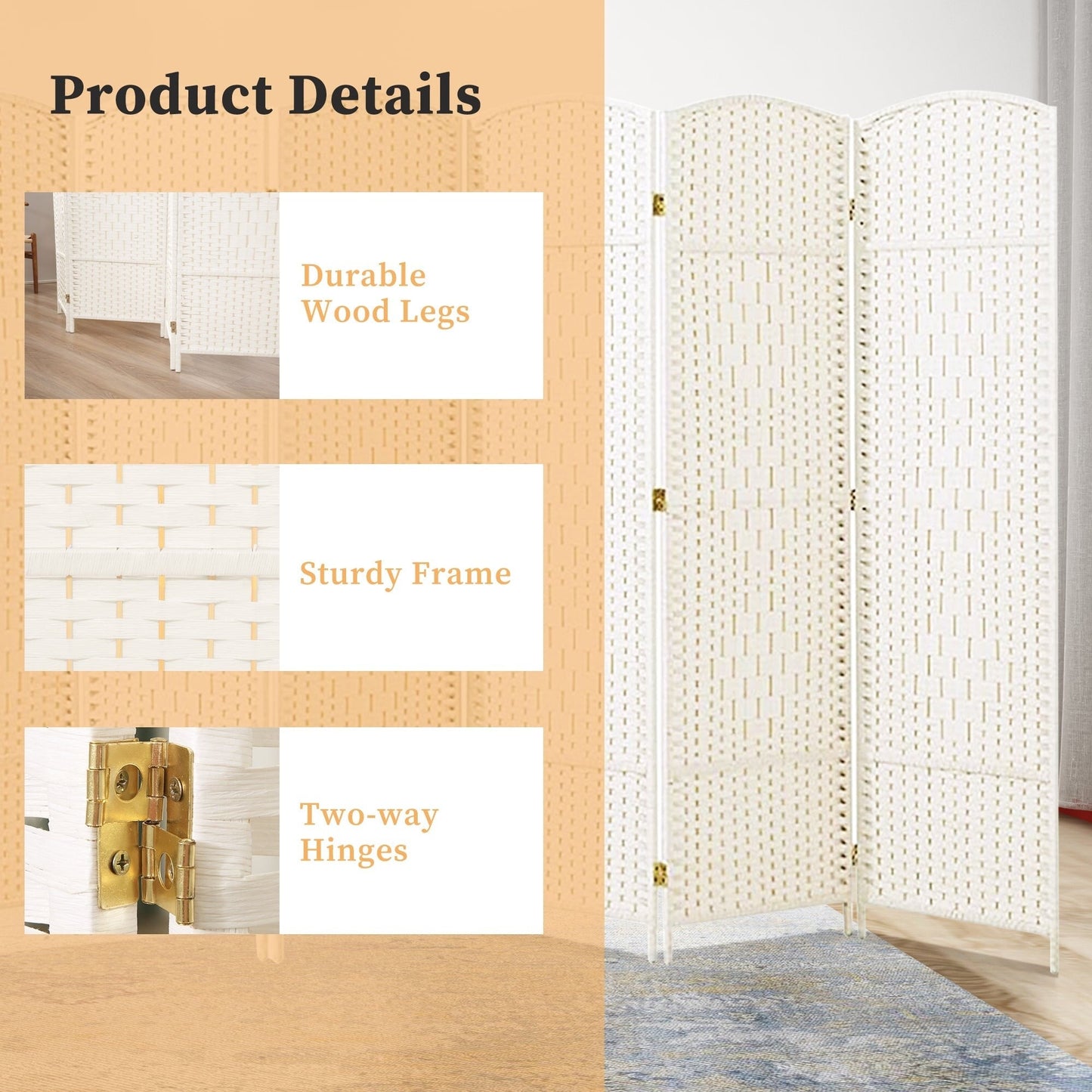 Paravento divisorio per ambienti, alto 180 cm, in fibra intrecciata, a pannelli pieghevoli, autoportante.