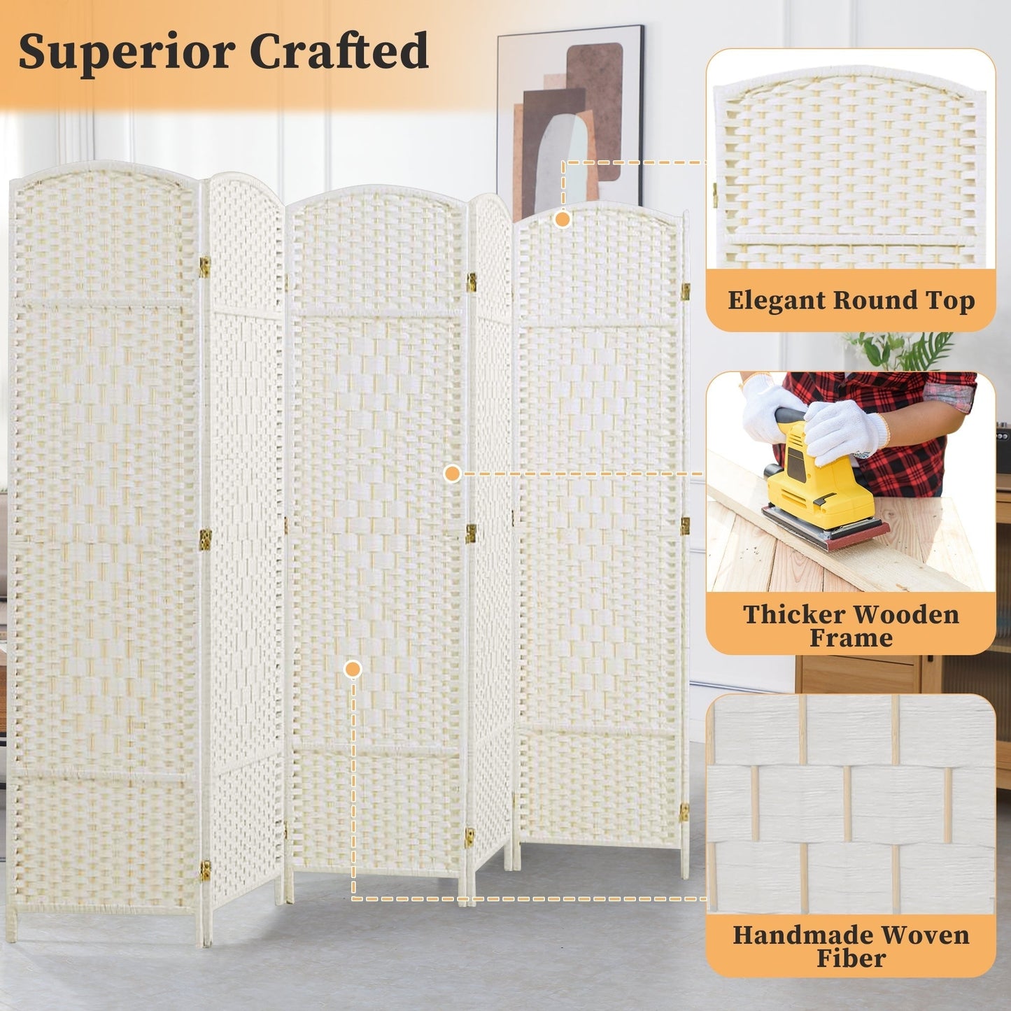 Paravento divisorio per ambienti, alto 180 cm, in fibra intrecciata, a pannelli pieghevoli, autoportante.