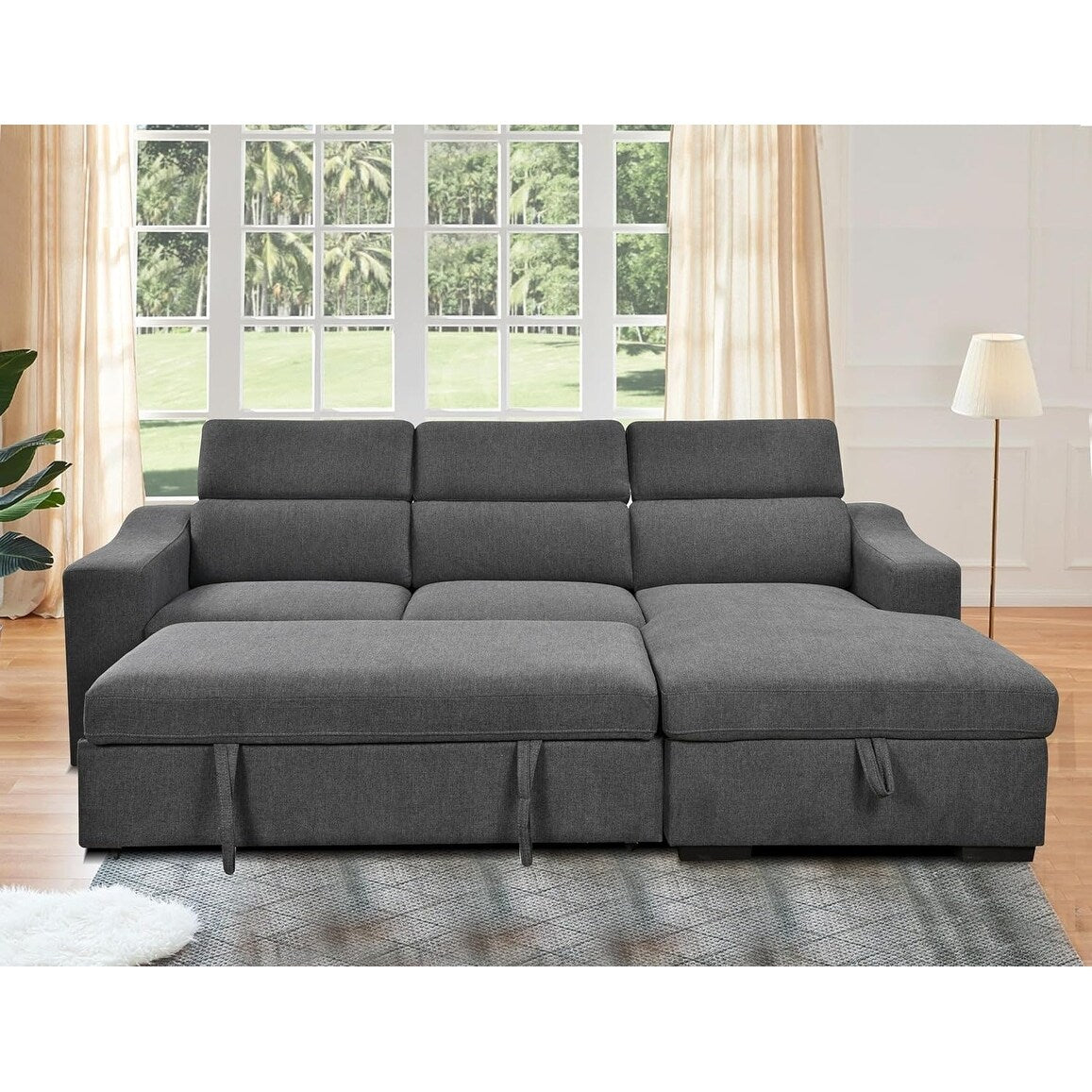 Roomfitters 103 Divano componibile trasformabile con chaise longue contenitore, poggiatesta regolabili, divano letto angolare a forma di L, grigio scuro