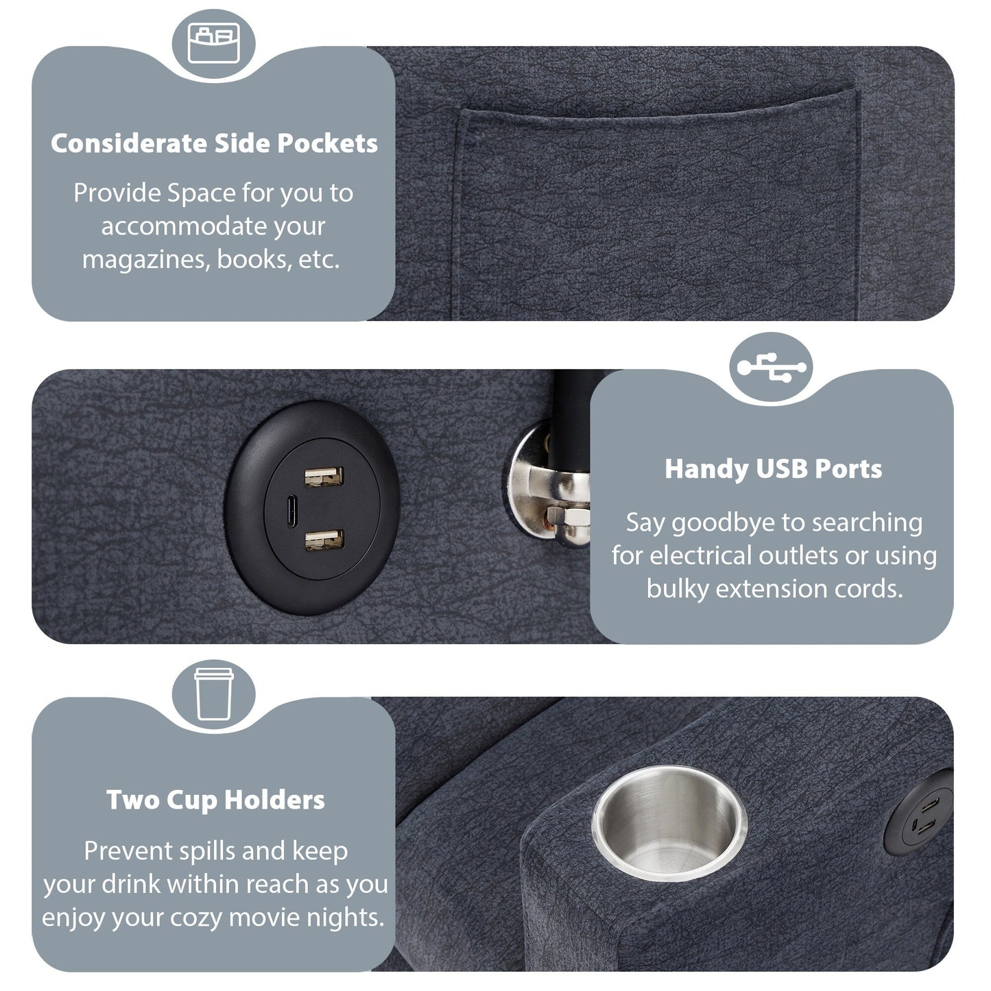 Roomfitters Divano letto trasformabile con porte USB, tasche laterali, portabicchieri e supporto girevole per cellulare per soggiorno