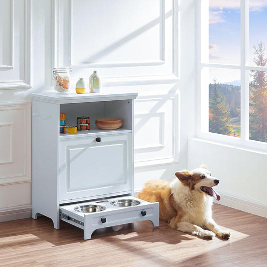 Stazione per la somministrazione del cibo al cane Roomfitters con 2 ciotole rialzate per cani, mobile porta-ciotole ribaltabile per animali domestici