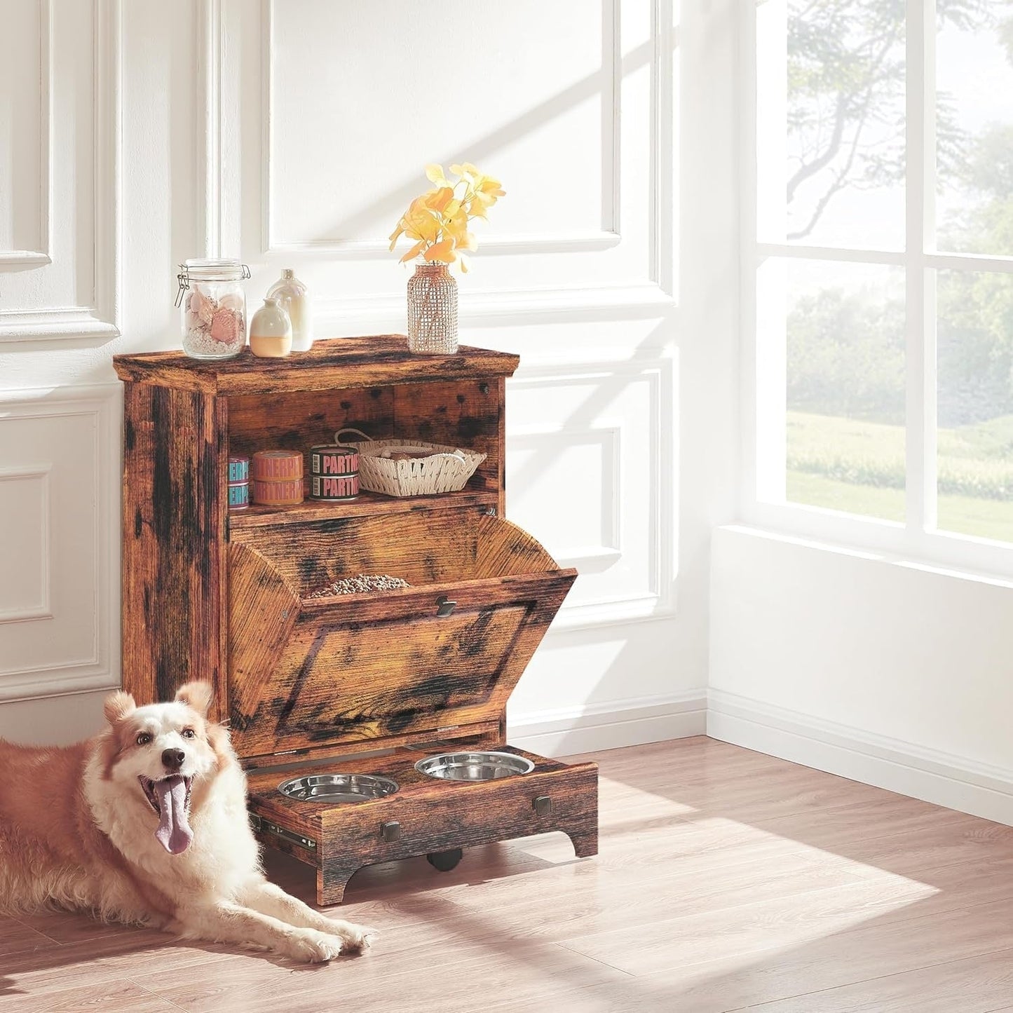 Stazione per la somministrazione del cibo al cane Roomfitters con 2 ciotole rialzate per cani, mobile porta-ciotole ribaltabile per animali domestici