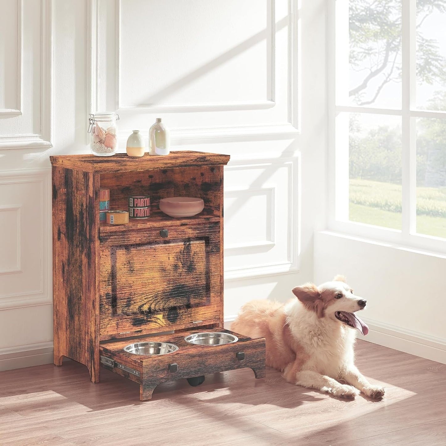 Stazione per la somministrazione del cibo al cane Roomfitters con 2 ciotole rialzate per cani, mobile porta-ciotole ribaltabile per animali domestici