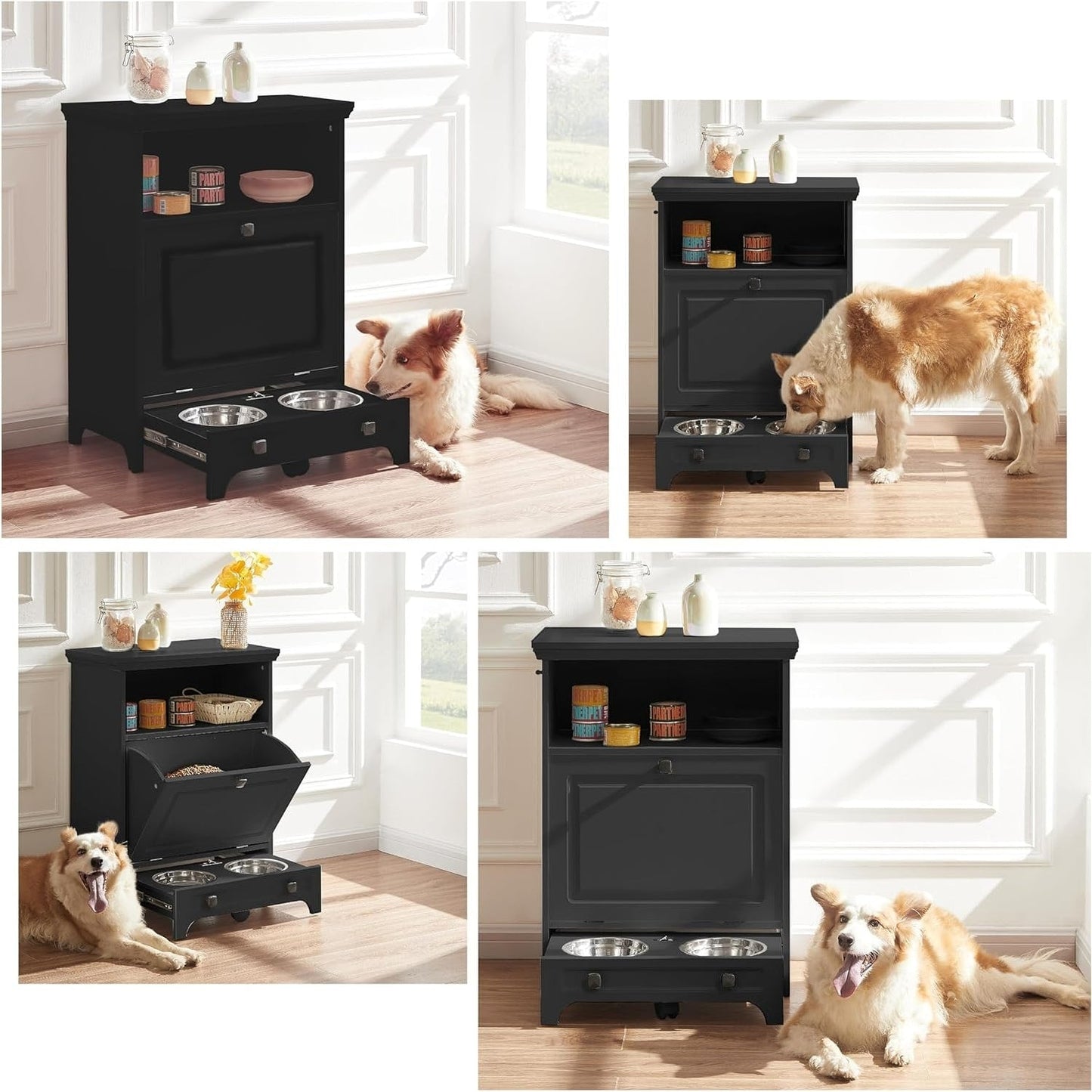 Stazione per la somministrazione del cibo al cane Roomfitters con 2 ciotole rialzate per cani, mobile porta-ciotole ribaltabile per animali domestici