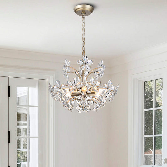 Lampadario Rosa a 6 luci con cristalli di champagne color argento spazzolato a forma di fiore