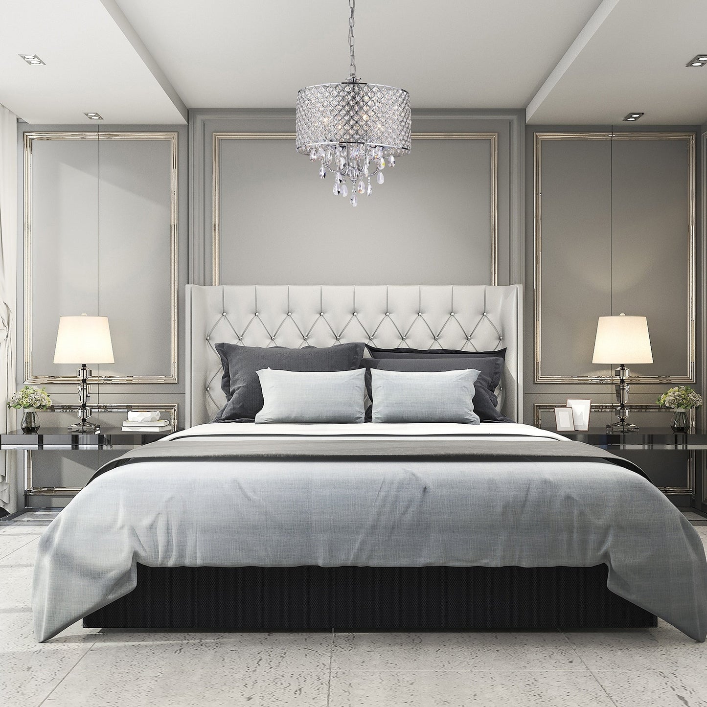 Lampadario a tamburo rotondo con perline e cristalli pendenti