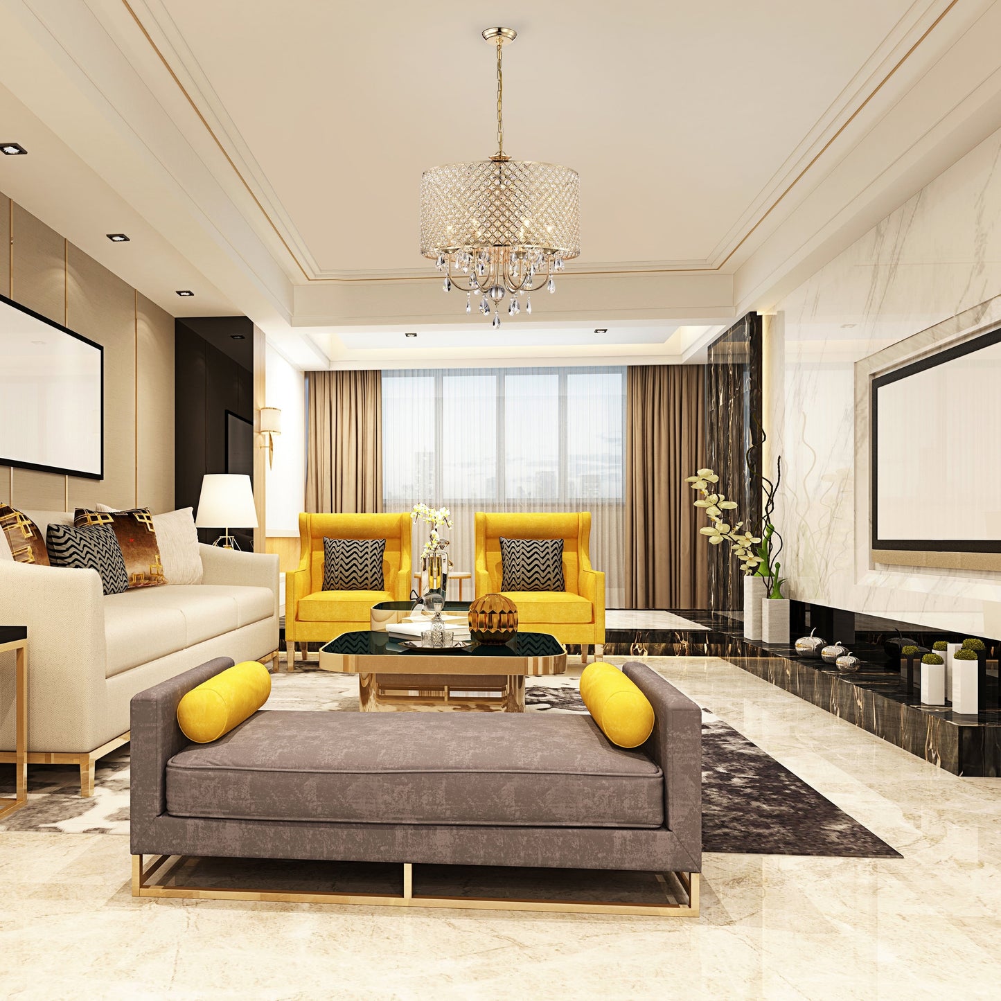 Lampadario a tamburo rotondo con perline e cristalli pendenti